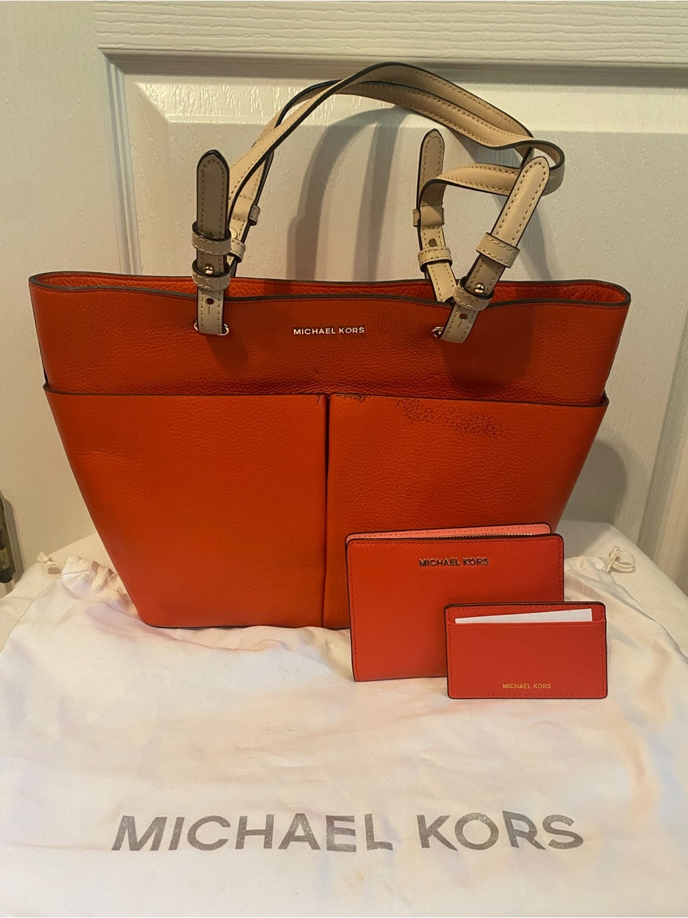 Michael Kors Orange Pebble Leather Tote with Beige Handles and Matching Wallets